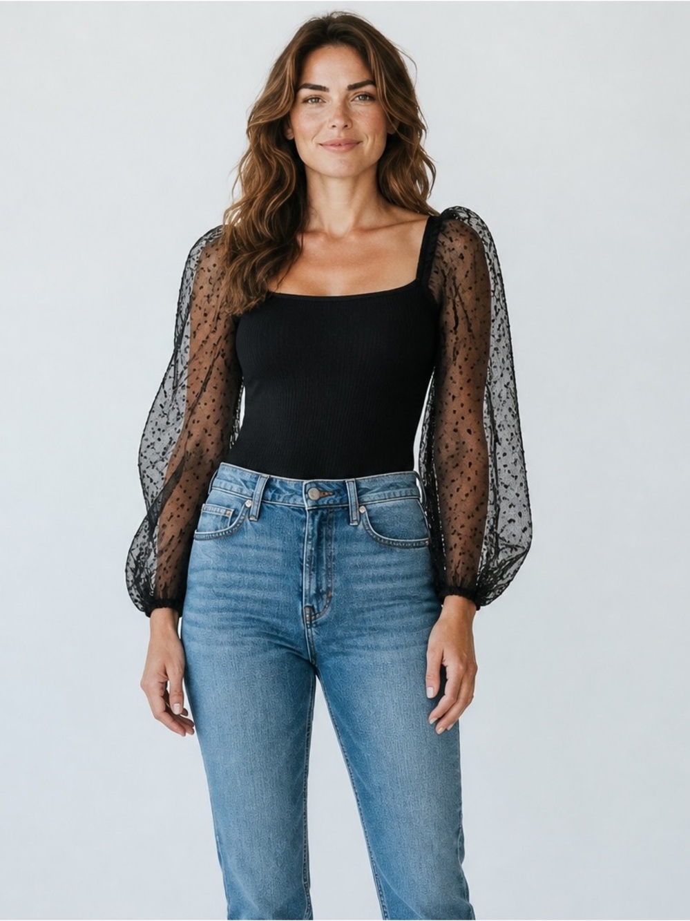 Altar’d State Black Bodysuit puffed sleeve polka dot size M